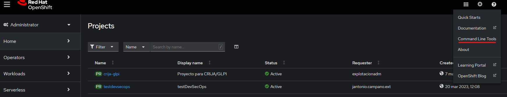 Figura 9. Menú de Ayuda de OpenShift con la opción Command Line Tools